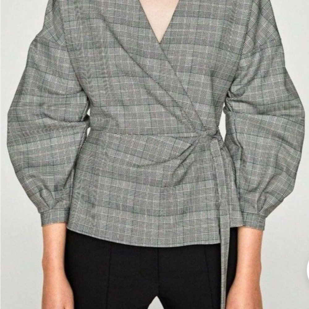 Zara Gray Plaid Wrap Blouse